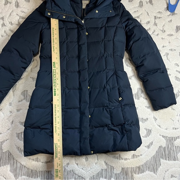 Cole Haan Women's 40" Signature Hooded Taffeta Down Coat Sz S Elastic Waist Navy - Picture 13 of 15